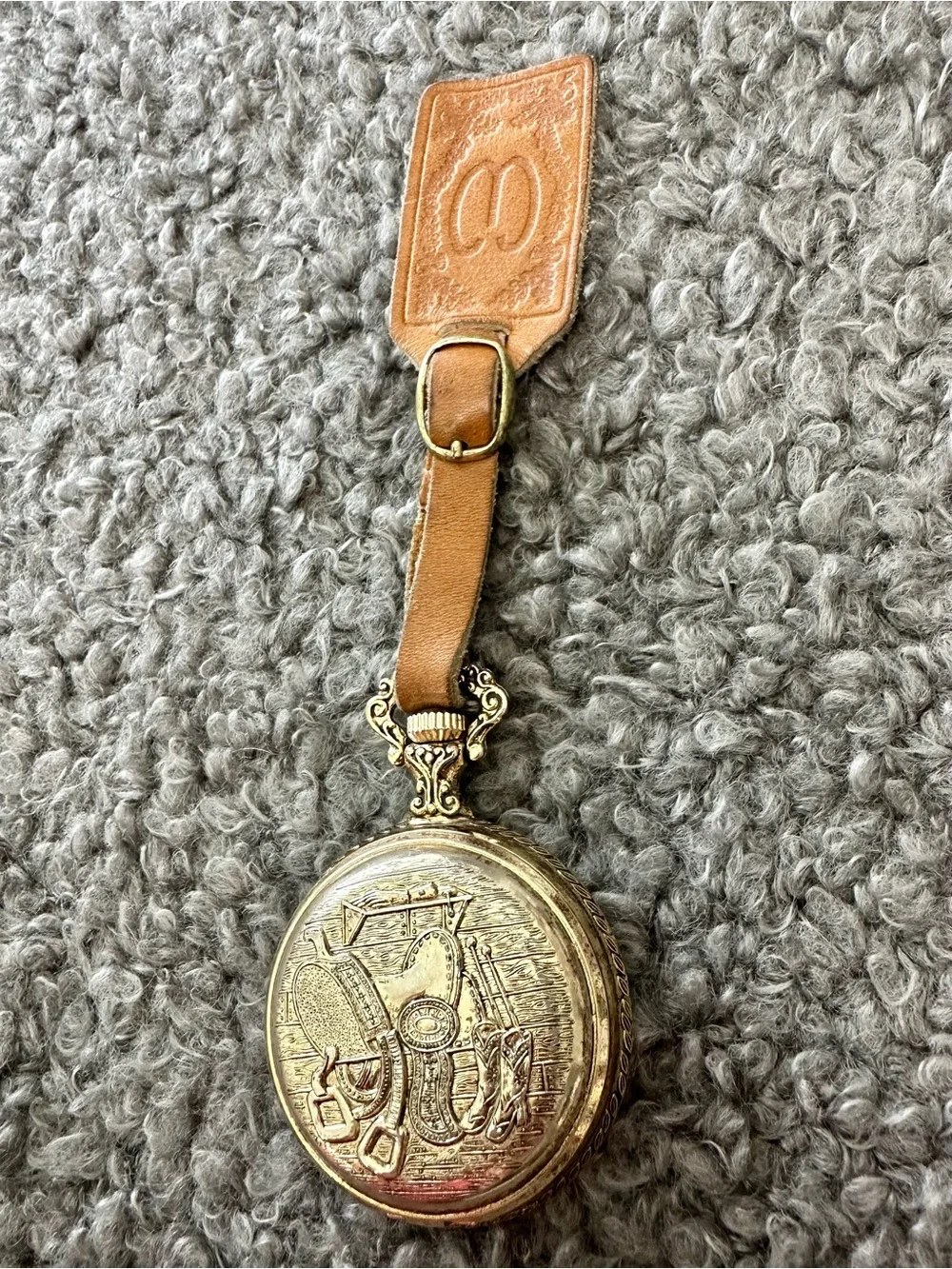 Vintage Westclox Gold Pocket Watch Horse Dial Leather Fob